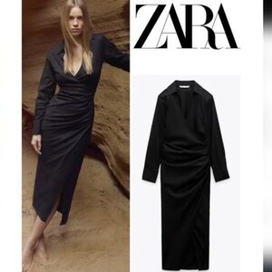 Zara Linen Blend Ruched Waist V-Neck Black Dress Size XL NWT